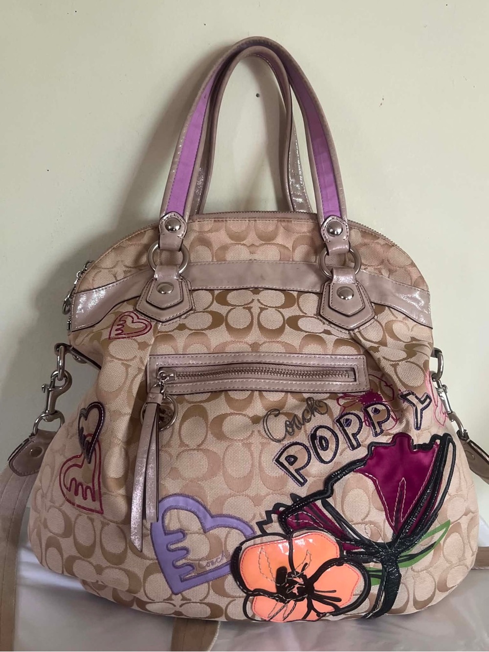 Coach Beige Signature Canvas Hobo with Pink and Purple Floral Accents